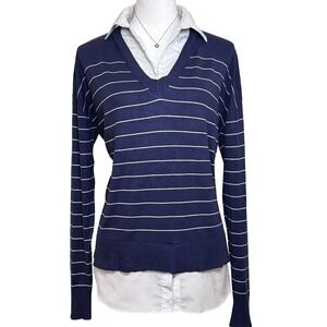 Striped VNeck Long Sleeve Navy Sweater Womens M Preppy Academia‎ Old Money